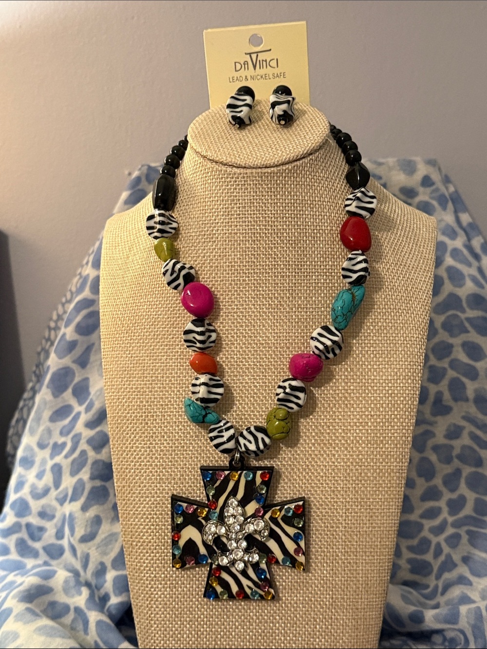 DaVinci Colorful Zebra Bead Cross Pendant Necklace